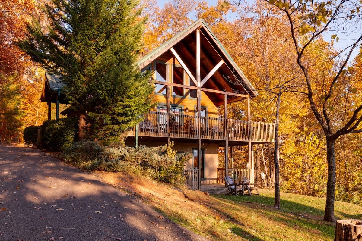 Cabin dining and living space with pine paneling and warm lighting