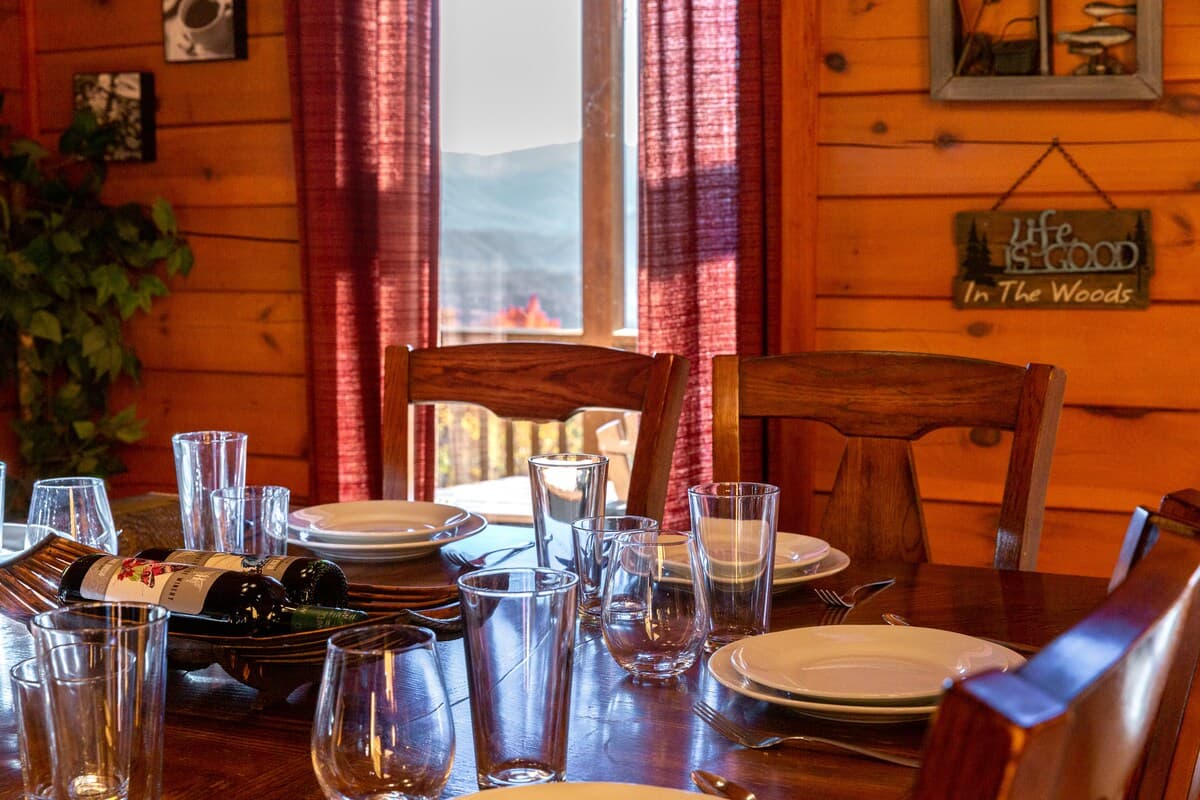 Cabin interior with natural wood elements and warm lighting