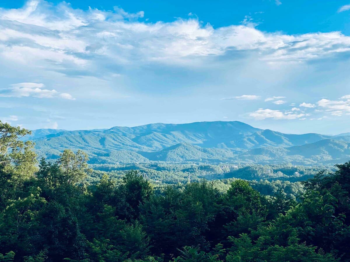Panoramic view of layered blue Smoky Mountain ridges with lush green forest foreground and blue sky