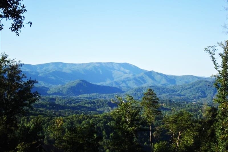 Smoky Mountain ridges in soft blue haze framed by green pine trees from the cabin property